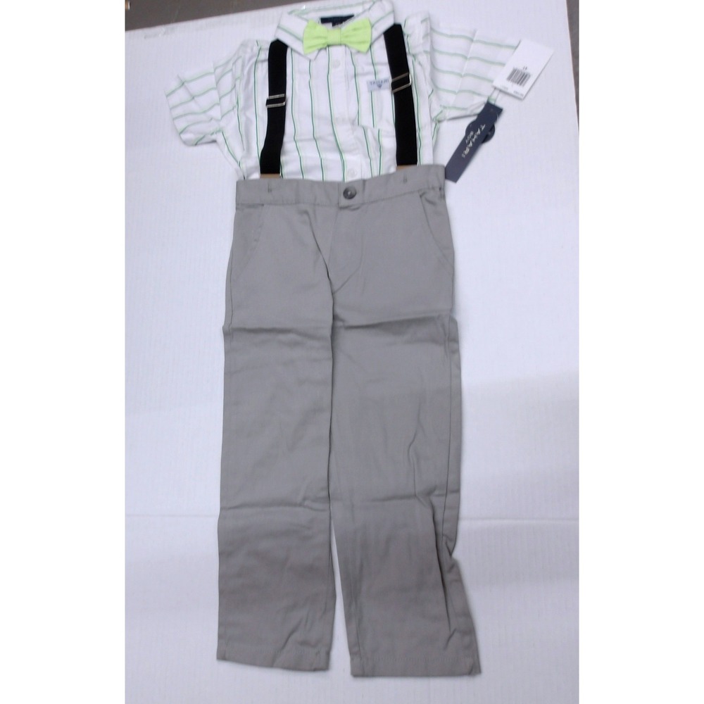 Tahari ASL Green Striped Shirt Set with Lime Bow and Black Suspenders